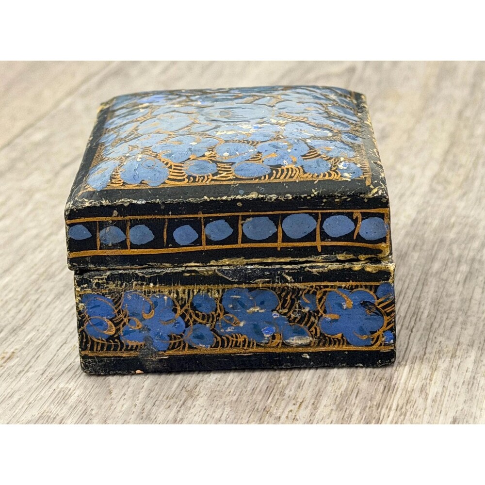 Vintage HandPainted Kashmir Floral Trinket Box  Blue & Gold Folk Art Decor